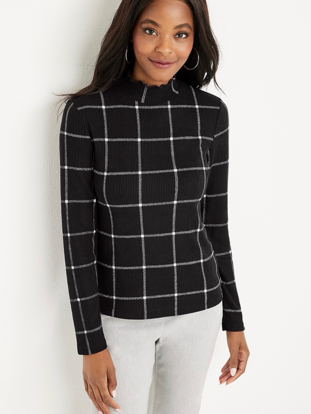 NWT maurices Women’s Black/White Plaid Mock Neck Long Sleeve Sweater